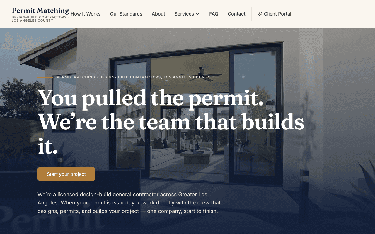 The Permit Matching home page at laptop width: the navigation bar, then the headline, You pulled the permit, over a photo of a finished home.